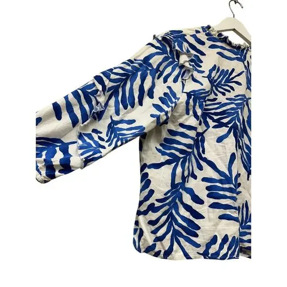Size Large Linen Blend Resort Blue Boho Tropical Pool Vacation Ruffle Blouse Top - Picture 7 of 11